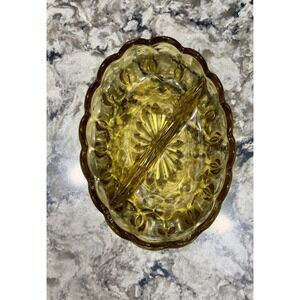 Vintage Clear Oval Amber Glass Divided Dish Candy 7x5" Scalloped Edge MCM